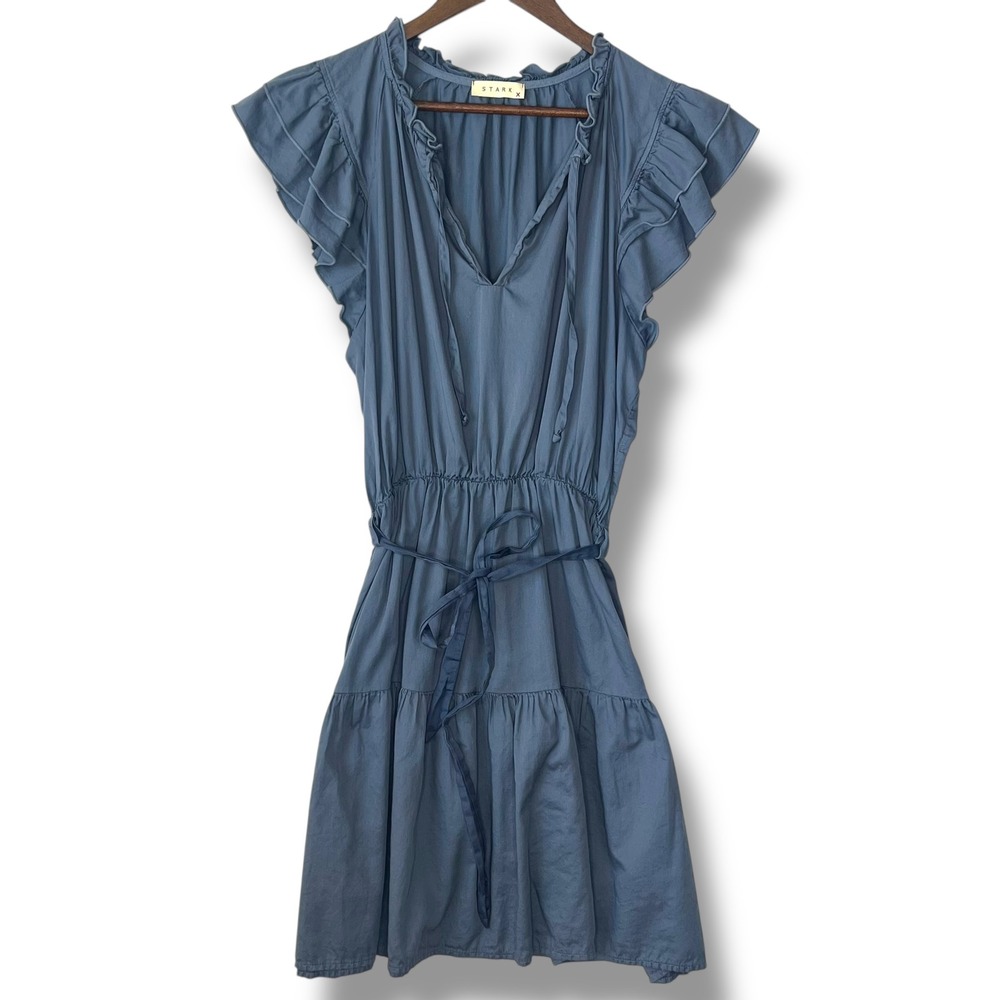 STARK‎ X Austin Dress Blue 100% Cotton Ruffle Tiered Tie Waist S Prairie Cottage